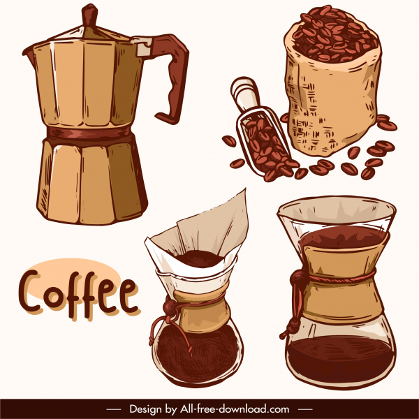 कॉफी डिजाइन तत्व रेट्रो हैंडड्रान स्केच