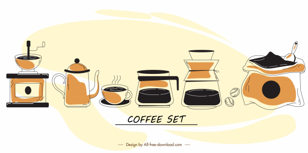 elementi disegno caffè retro ridisegnato simboli schizzo
