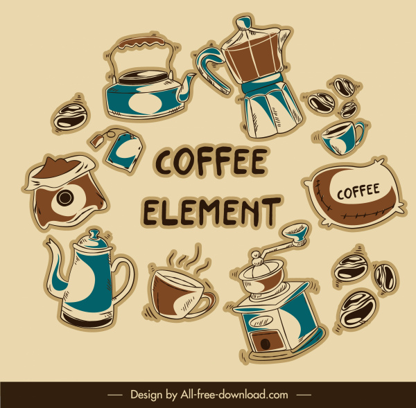 Kaffee-Elemente Icons flache dynamische Retro-Design