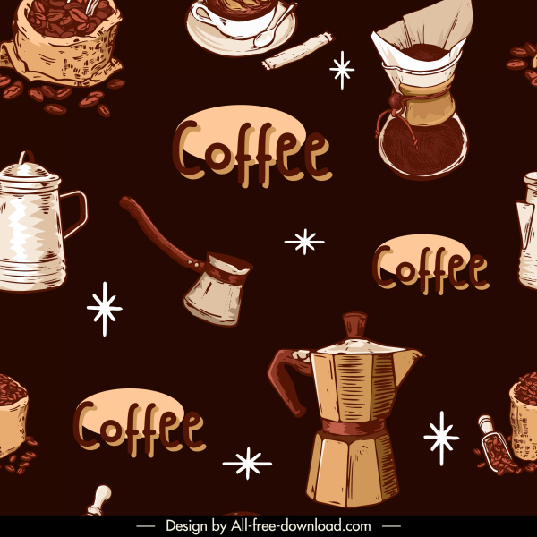 elementos de café padrão escuro retro design objetos esboço