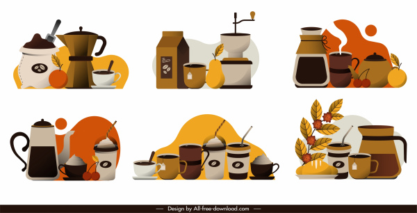 Kaffee-Ikonen bunte klassische Dekor Objekte Skizze