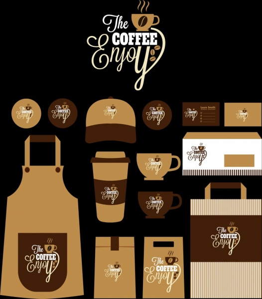 Café conjuntos de identidad marron oscuro diseño varios iconos