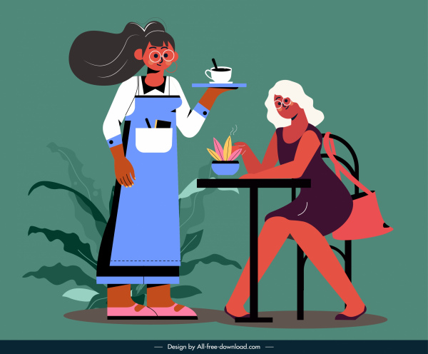 咖啡生活方式畫客座女服務員素描卡通人物。
