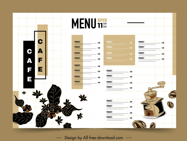 Kaffee-Menü-Vorlage helle Design Bohnen Blätter Skizze