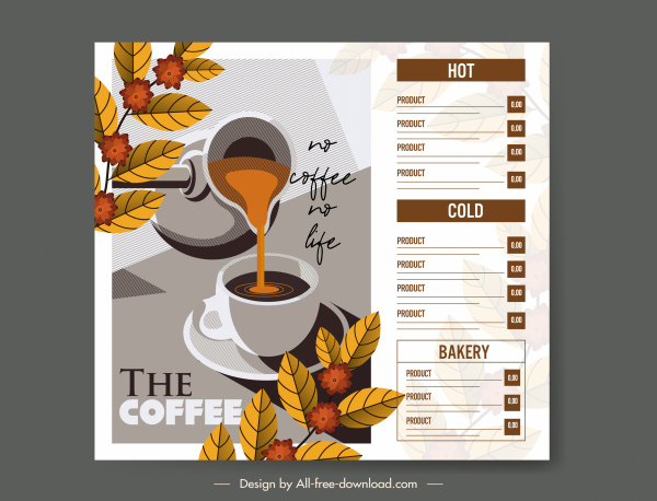 шаблон кофейного меню элегантный декор чашки