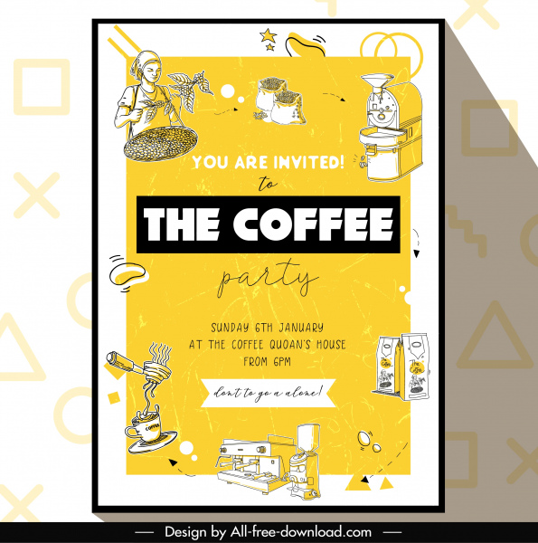 kahve partisi el ilanı retro handdrawn kroki