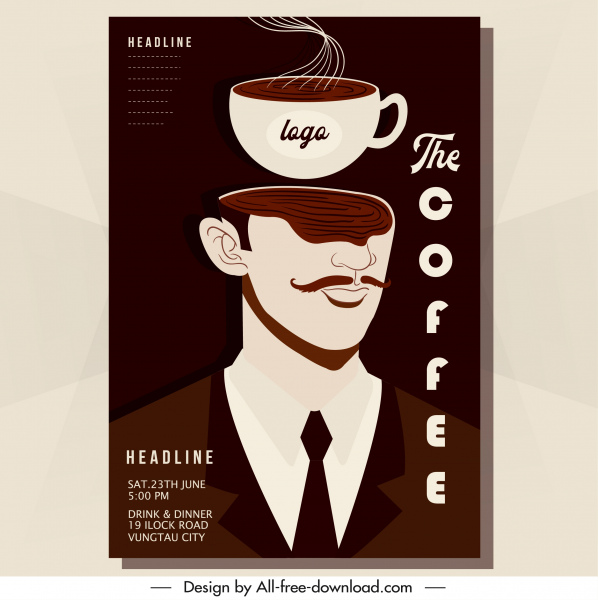 kahve posteri şablonu fincan adam simgeleri koyu klasik