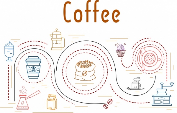 Fondo de concepto de procesamiento de café curva decoración diseño plano