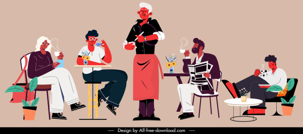 café restaurant icônes serveurs clients croquis personnages de dessins animés