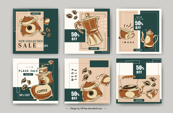 Kaffee Verkauf Poster Vorlagen retro handgezeichnete Symbole Skizze