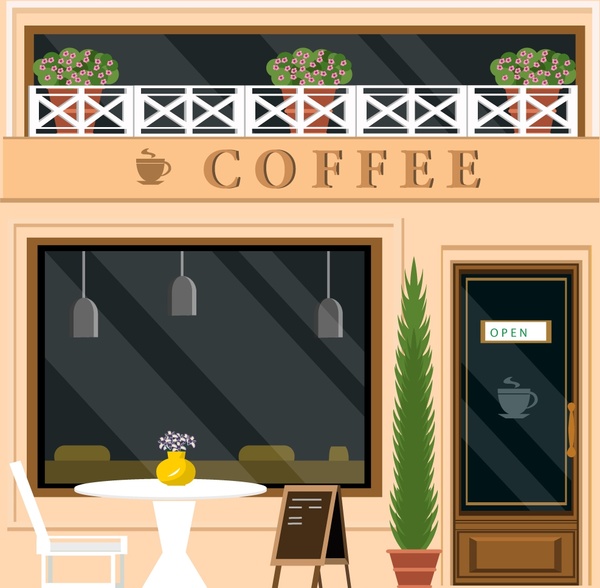 café design de fachada em estilo de cor