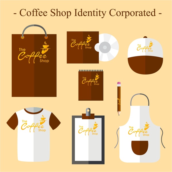 identitas kedai kopi set dalam coklat dan putih