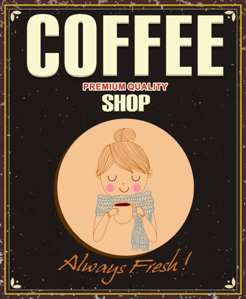 кафе плакат девушки значок ретро handdrawn мультфильм