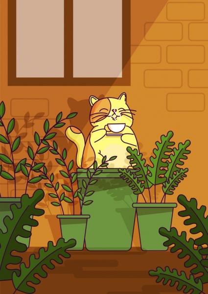 dessin de temps café stylisé conception de dessin animé chat icône