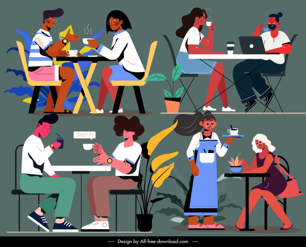 ícones da hora do café desenho animado esboço personagens coloridos
