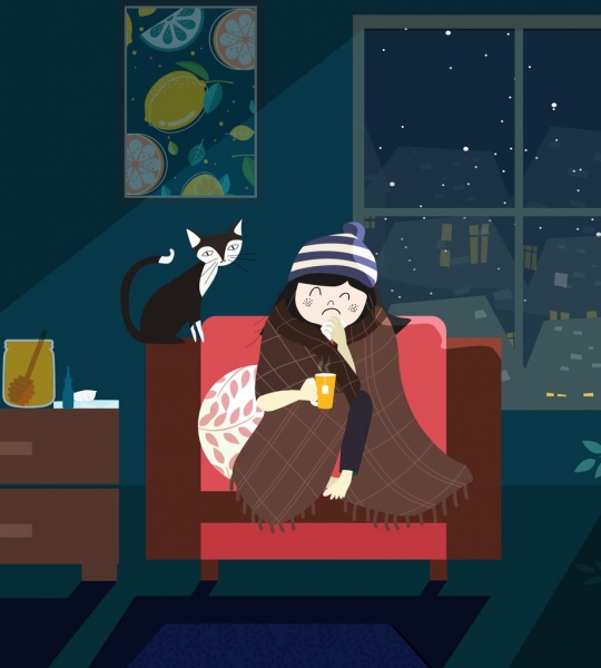 zima rysunek dziewczyna kot przytulny pokój ikony