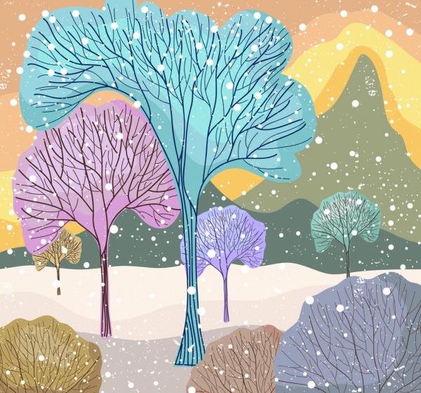 kalten Winter Zeichnung blattlosen Bäume bunte flache Dekor