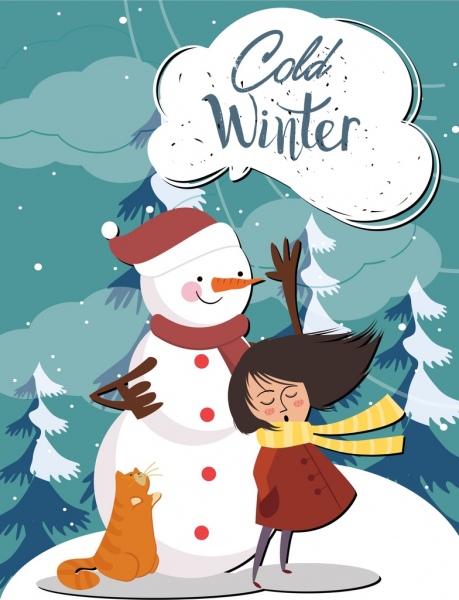 Invierno frio nieve chica de dibujos animados Iconos de color de dibujo