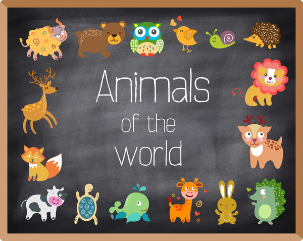 ilustração de ícones coloridos animais na lousa