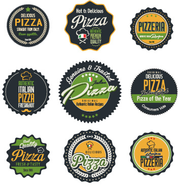 farbige Pizza Etiketten mit Abzeichen Retro-Vektor