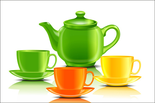 เวกเตอร์ถ้วยน้ำชาและกาน้ำชาสี