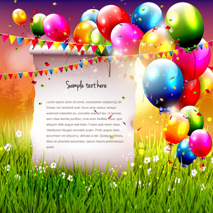 Colorful Balloon With Confetti And Grass Background