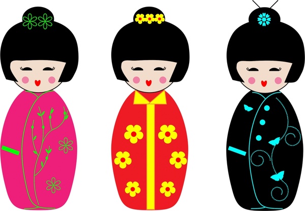 bambole kokeshi colorato insieme vettoriale illustrazione
