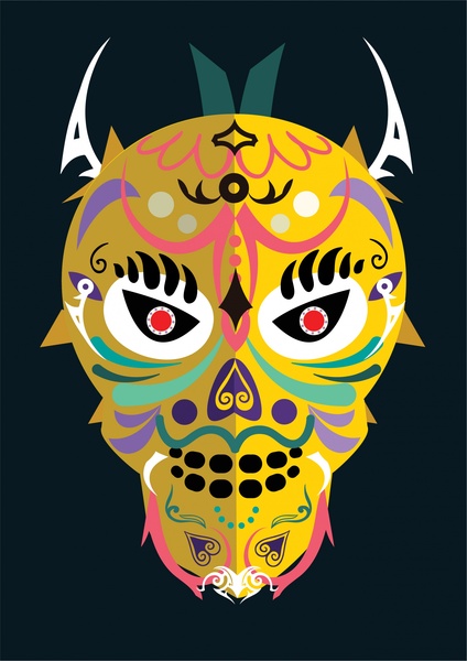 máscara colorida com design tradicional em fundo escuro