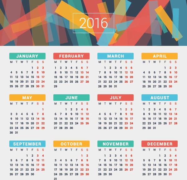 Colorful Paper Card16 Calendar Template
