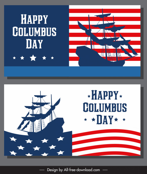 Kolomb Günü afiş ABD bayrağı antik gemi silueti