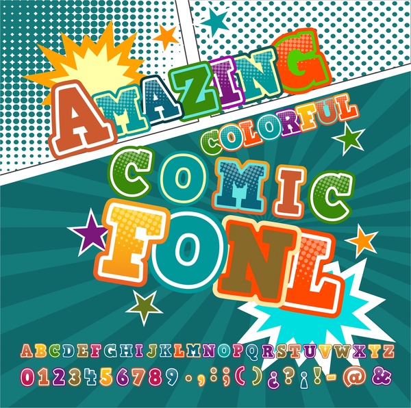 komik font spanduk desain dengan warna-warni gaya dinamis
