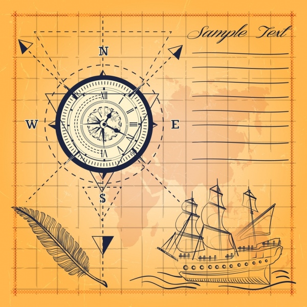 latar belakang Kompas peta kuno handdrawn kapal sketsa