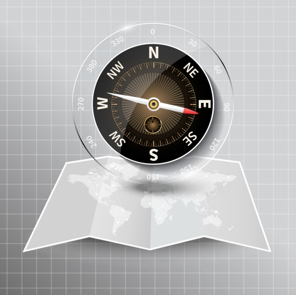 Kompas latar belakang kaca mengkilap modern dekorasi peta ikon