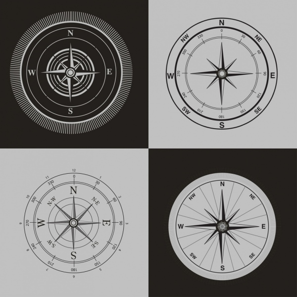 Kompas ikon set desain retro hitam putih