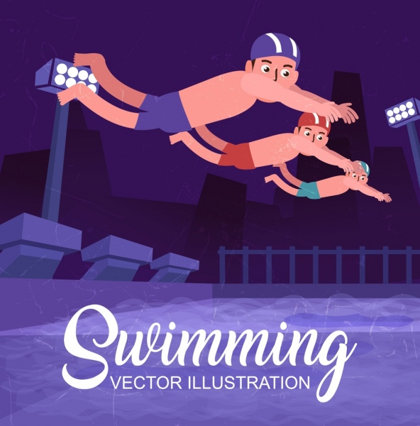 Deporte competitivo contexto nadador iconos de dibujos animados de colores