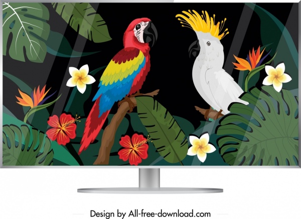 컴퓨터 화면 아이콘 다채로운 열 대 앵무새 장식