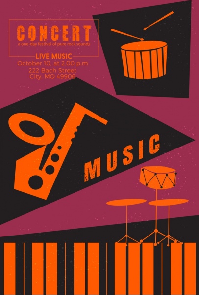 diseño retro de los iconos de instrumentos musicales de banner de concierto