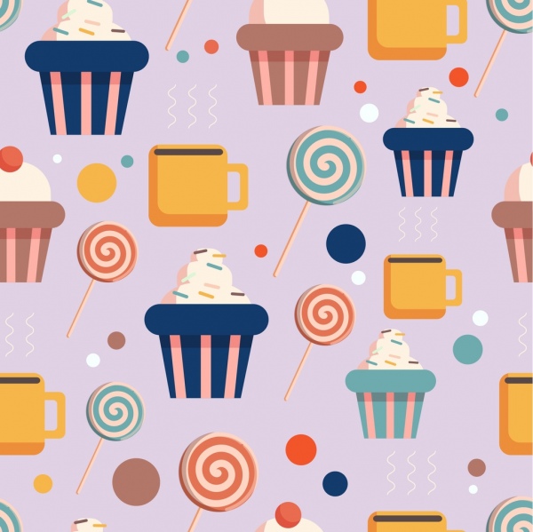 Süßwaren Hintergrund Kuchen Süßigkeiten Icons mehrfarbig wiederholen flach