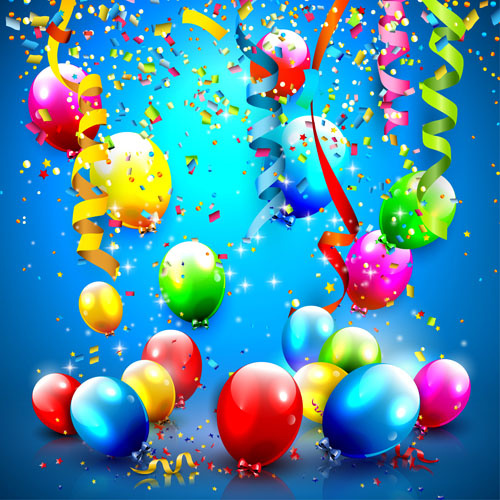 konfetti i kolorowe balony urodziny tło wektor