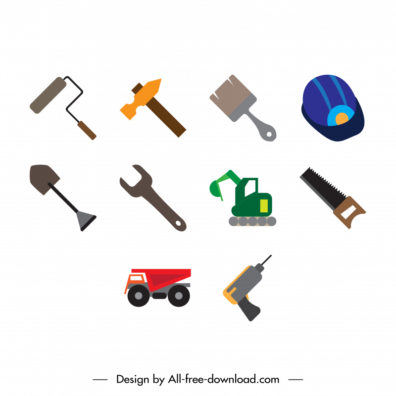 Bau-Icon-Sets Flache Werkzeuge Ausrüstungssymbole Skizze