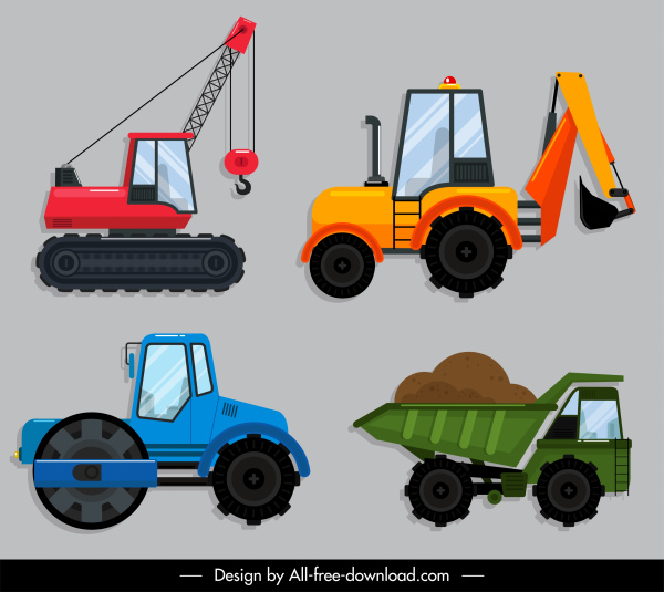 ícones de veículos de construção colorido esboço plano moderno