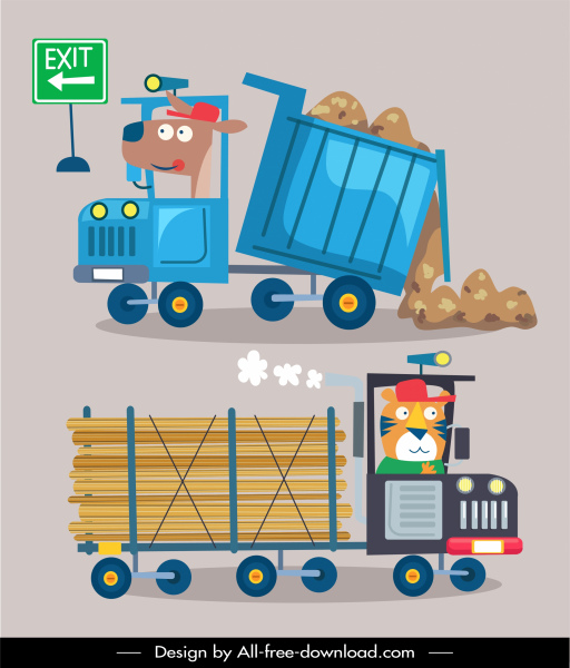 строительная техника иконки грузовик прицеп эскиз мультфильм дизайн