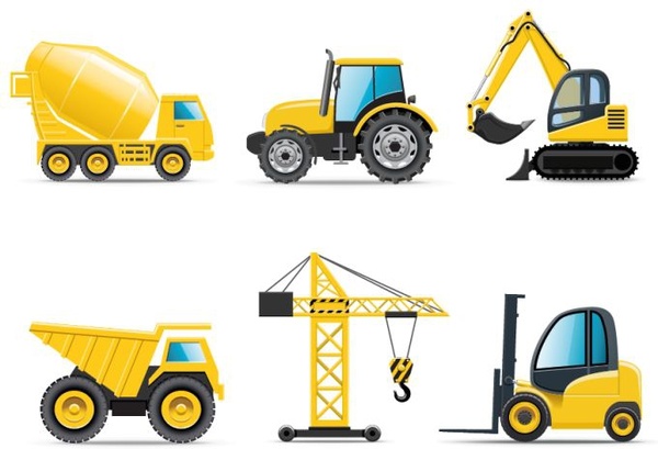 ícones de veículos de construção amarelo design moderno de objetos de equipamento