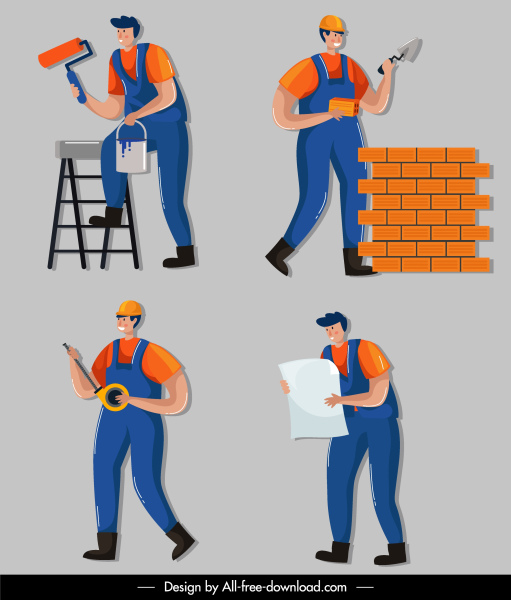 건설 노동자 아이콘 컬러 만화 캐릭터 스케치