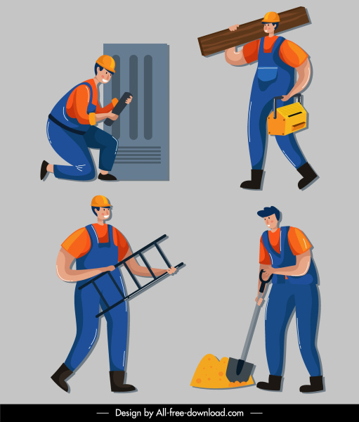 lavoratori edili icone uomini schizzo colorato cartone animato