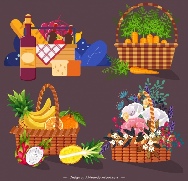 recipiente cestas ícones camping frutas legumes esboço floral
