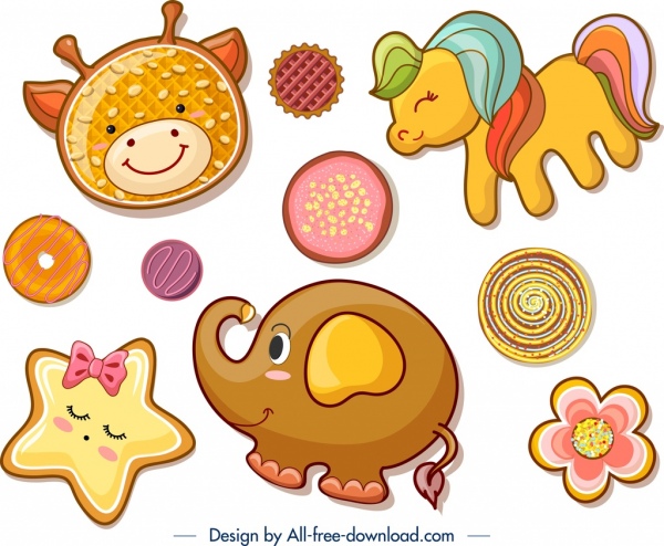 Cookies Designvorlagen Tier Blume Icons flaches Dekor