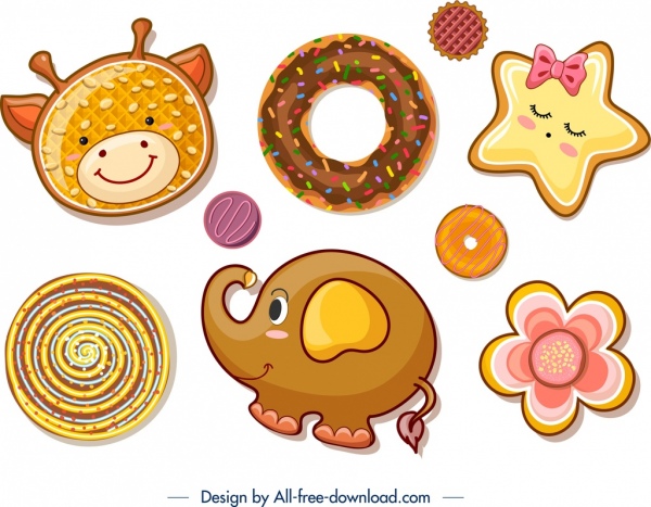 쿠키 디자인 템플릿 암소 코끼리 스타 꽃 아이콘
