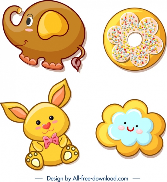 cookies modelos elefante coelho nuvem ícones decoração