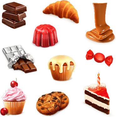 Cookies mit Süßigkeiten und Kuchen-Vektor-Icons set
